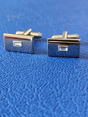 Silver-Tone Rectangular Cufflinks with Baguette Crystal | Formal Men's